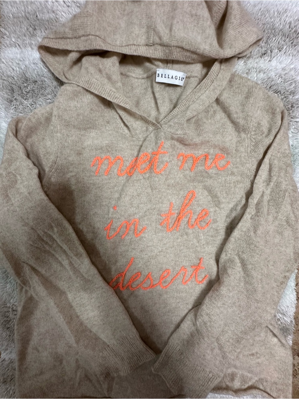 Bellagio 100% cashmere Beige Hoodie Sweater with embroidered Neon Coral Script